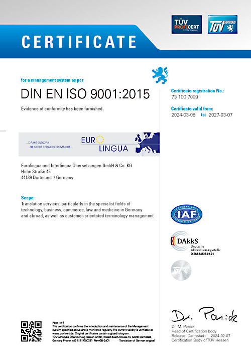 Certificate 9001:2015